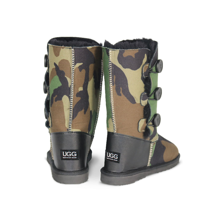Camo Button Triplet sheepskin ugg boot with black leather heel online sale by UGG Australian Made Since 1974 Back angle view pair
