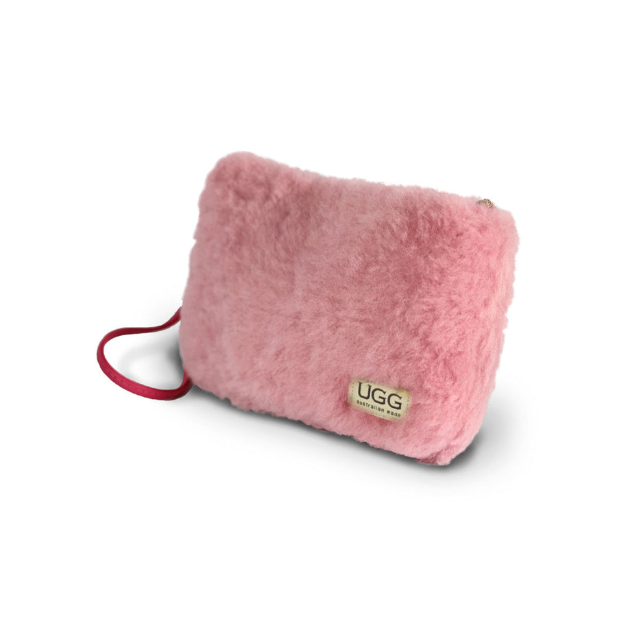 Small Orchid pink fluffy Sheepskin Clutch online sale by UGG Australian Made Since 1974 Front angle view