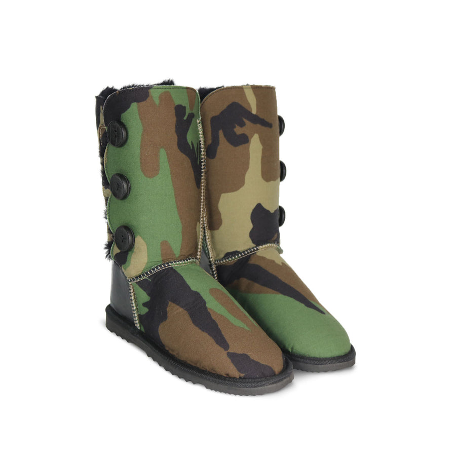 Camo Button Triplet sheepskin ugg boot with black leather heel online sale by UGG Australian Made Since 1974 Front angle view pair