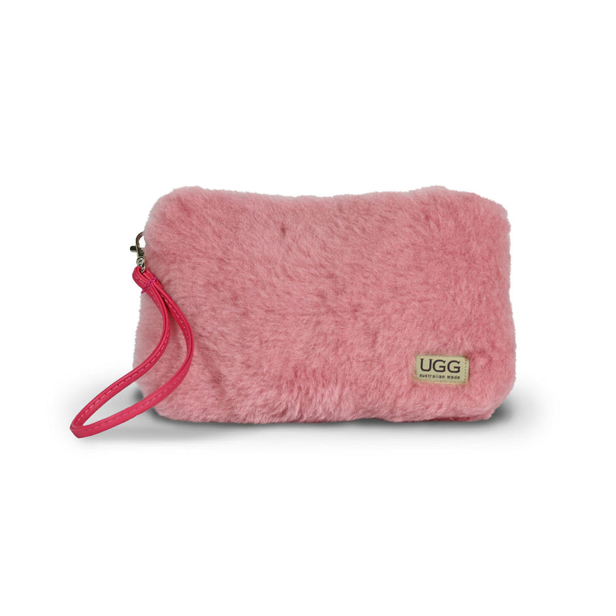 Small Orchid pink fluffy Sheepskin Clutch online sale by UGG Australian Made Since 1974 Front view