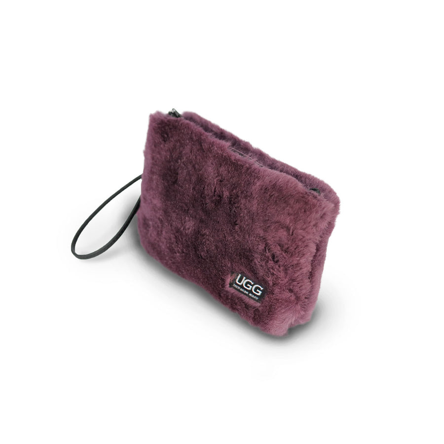 Small Raisin purple fluffy Sheepskin Clutch online sale by UGG Australian Made Since 1974 Front angle view