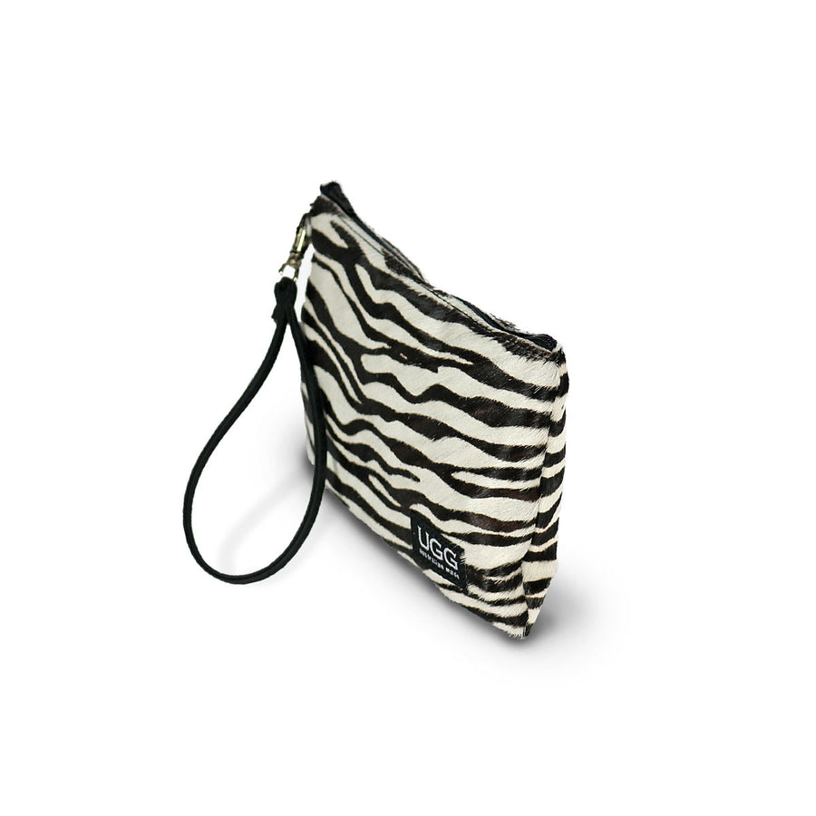 Zebra Clutch made from calfskin online sale by UGG Australian Made Since 1974 Front angle view