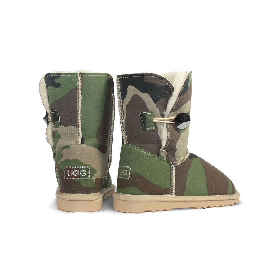 Camo Luxe Mid sheepskin ugg boot with Swarovski crystal button and logo online sale by UGG Australian Made Since 1974 Back angle view pair