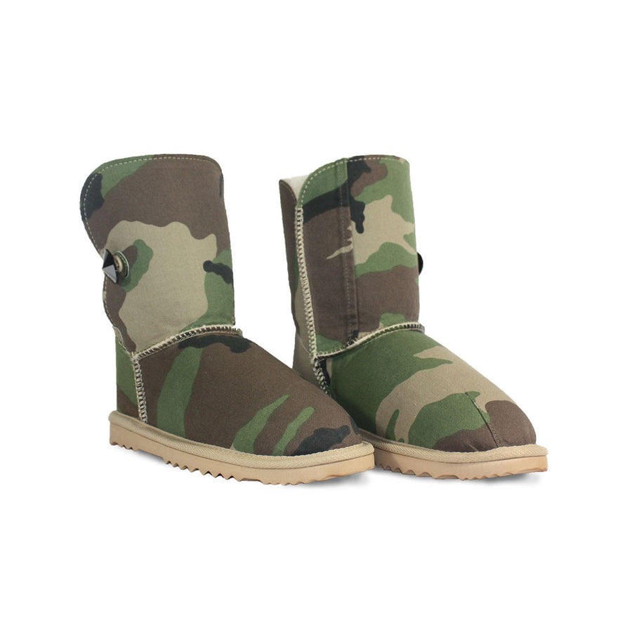 Camo Luxe Mid sheepskin ugg boot with Swarovski crystal button and logo online sale by UGG Australian Made Since 1974 Front angle view pair