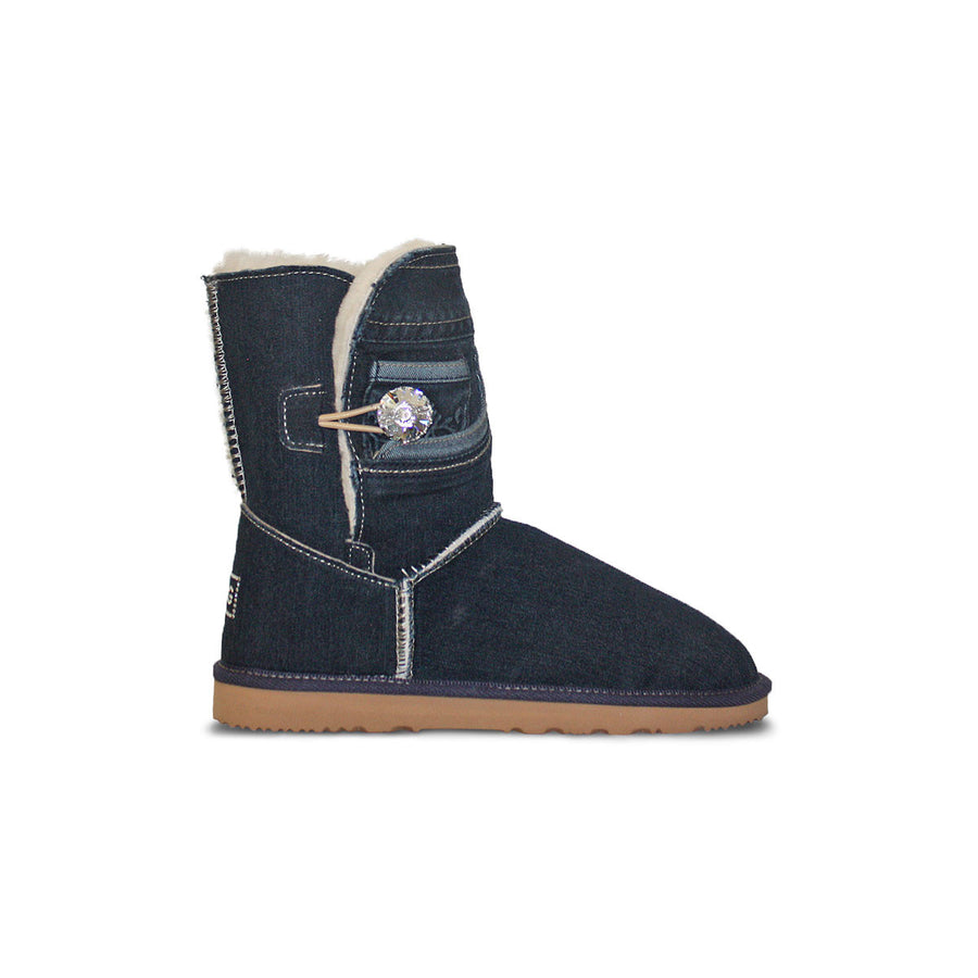 Dark blue Denim Luxe Mid sheepskin ugg boot with Swarovski crystal buttons and logo online sale by UGG Australian Made Since 1974 Side view